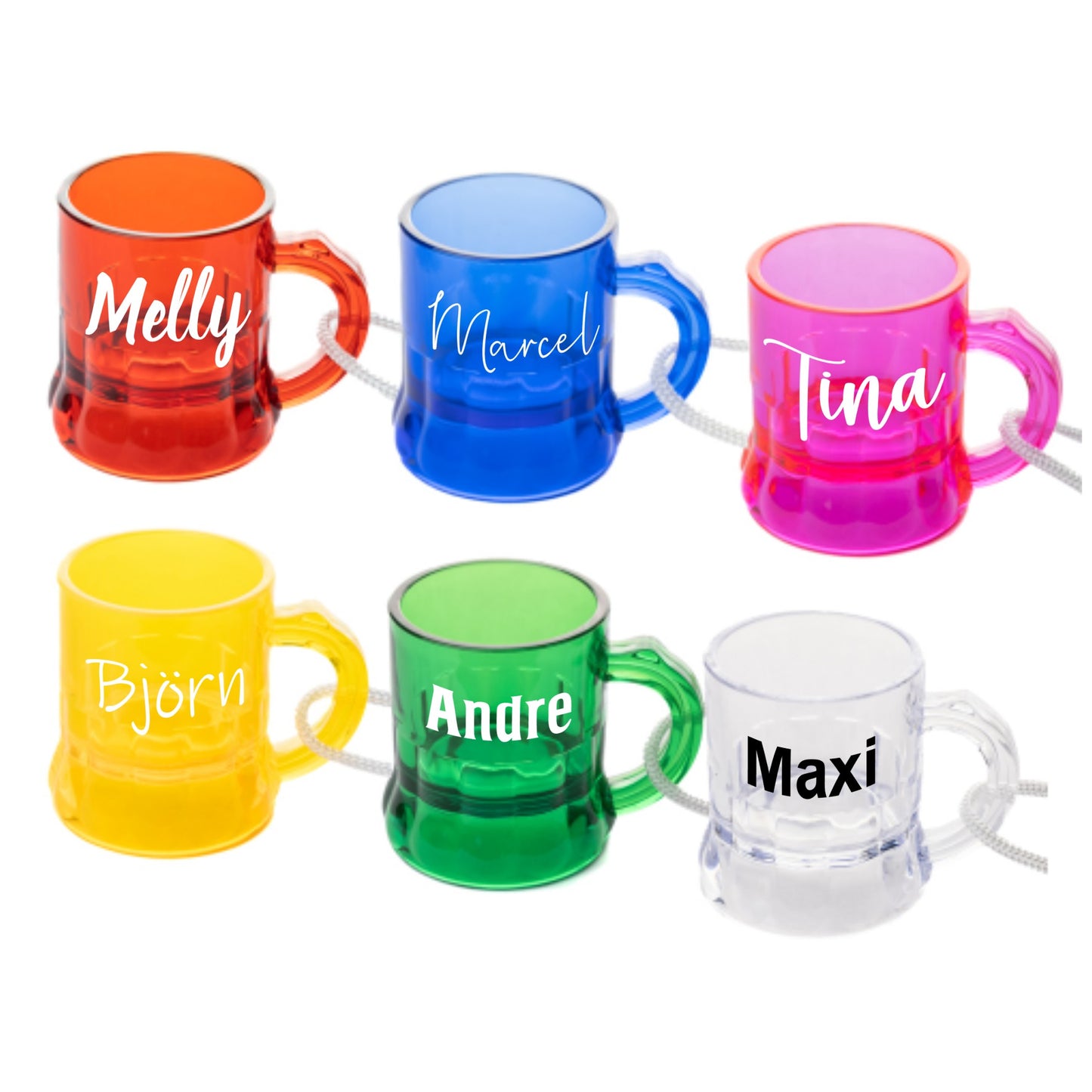 Personalisierte Schnapsgläser Kunststoff in 6 Farben inkl Umhängeband