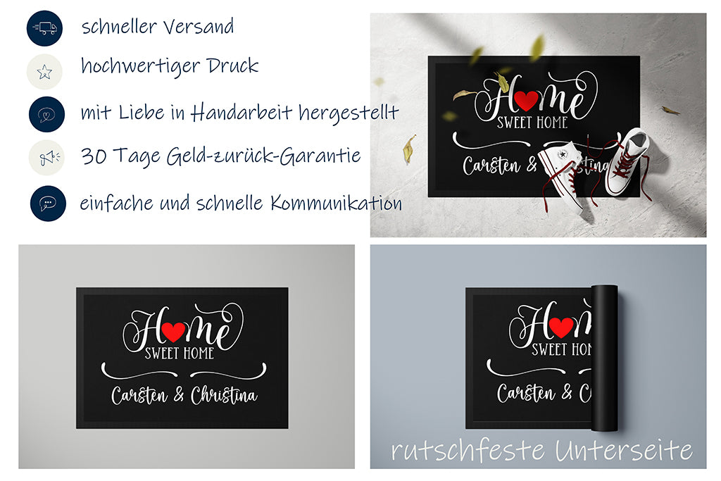 Fussmatte "Home sweet home" in zwei Größenmit Herz personalisierbar