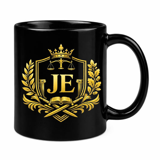 Schwarze Tasse EM 2026 Wappen "Justitias Erbinnen"