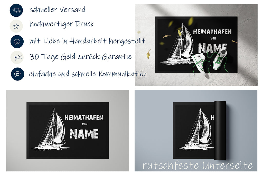 Fussmatte "Heimathafen" in zwei Größen mit Segelschiff personalisierbar