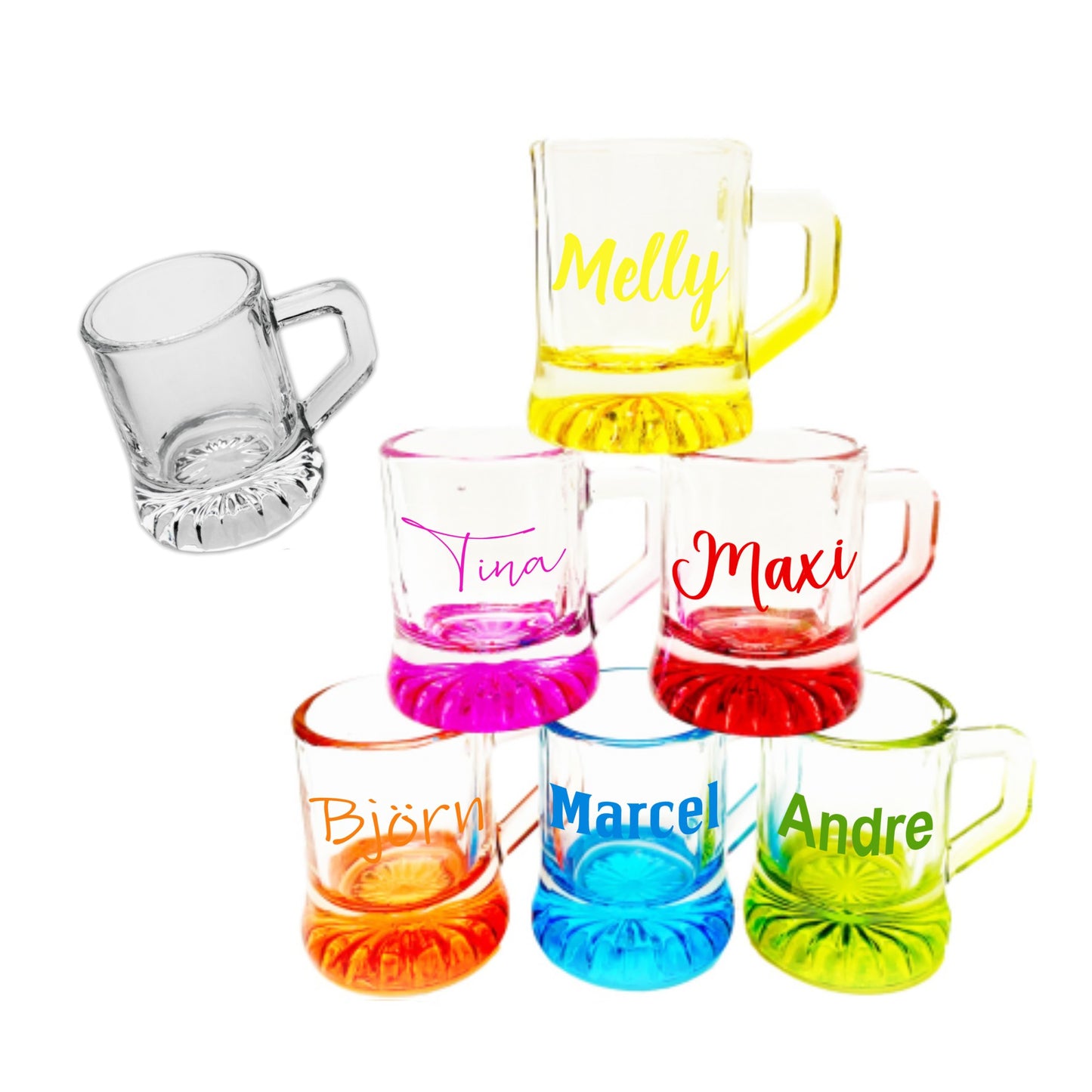 Personalisierte Schnapsgläser mit Farbverlauf in 7  Farben inkl Umhängeband